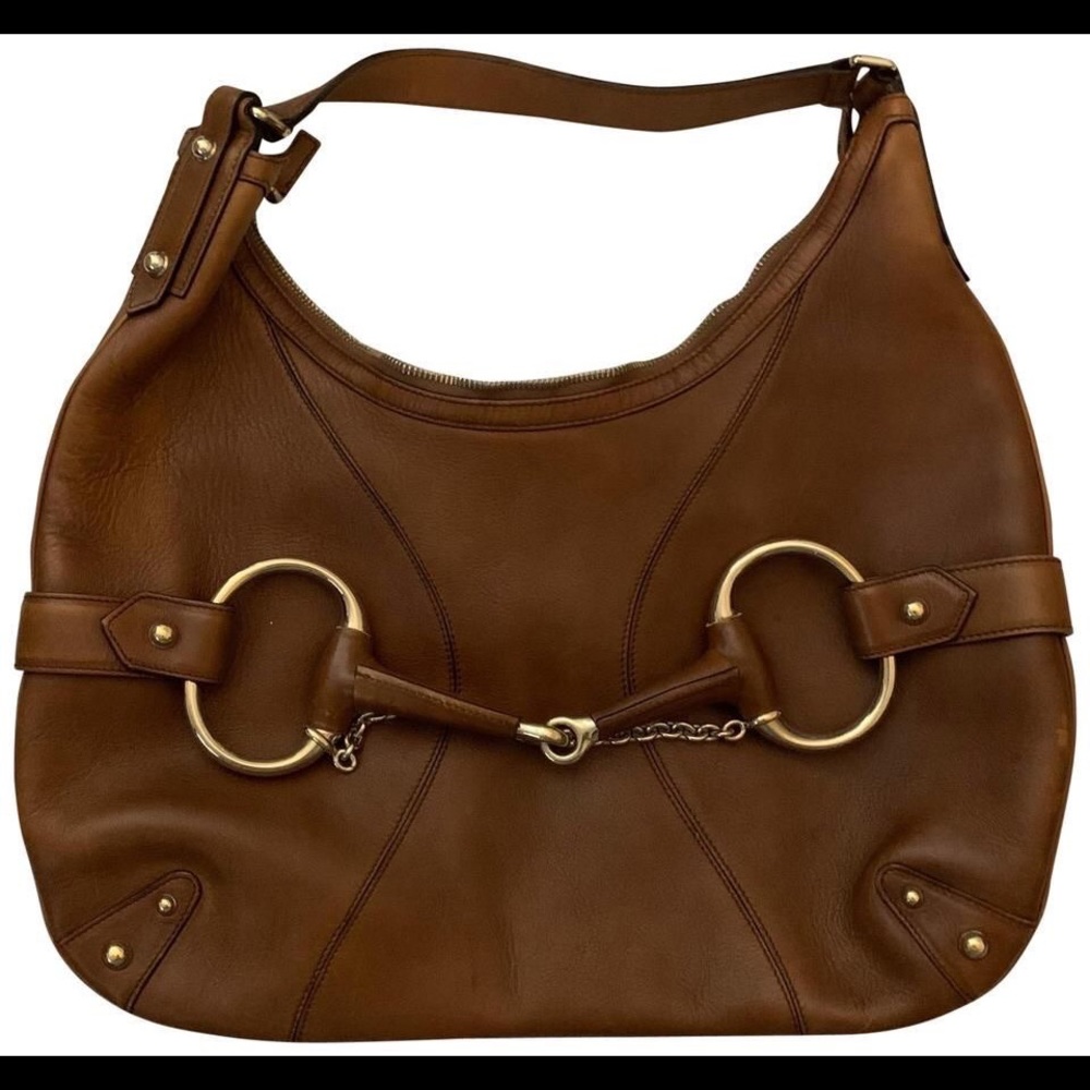 Large Brown Gucci Leather Horsebit Hobo Bag. Single Brown Leather Strap